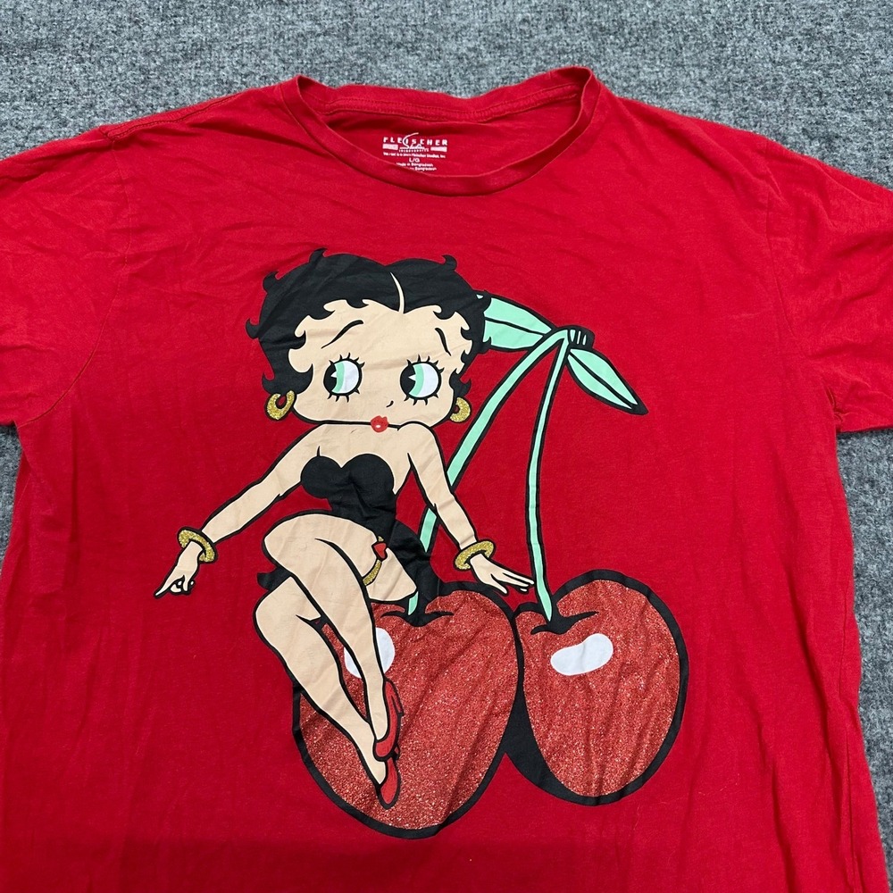 Fleischer Studios T-Shirt Womens Large Red Betty Boop Glitter Cherry Graphic Tee